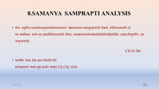 8.SAMANYA SAMPRAPTI ANALYSIS
• दोषाेः रकुप्तपिा रर्स्िमो्यामुपििििसामन्िरात्मनेः श्रष्ठिममायिनं हृदयमुपसृत्योपरर प्तिष्ठन्ि, िर्प्तन्ियायिनाप्तन ि|
िर िािप्तस्र्िाेः सन्िो यदा हृदयप्तमप्तन्ियायिनाप्तन िररिाेः कामक्रोधभयलोभमोििषाशोकप्तिन्िोद्वगाप्तदप्तभेः सिसाऽप्तभपूरयप्तन्ि, िदा
र्न्िुरपस्मरप्ति|
Ch.Ni 08/
• धमनीप्तभेः प्तश्रिा दोषा हृदयं पीडयप्तन्ि प्ति|
सम्प्पीड्यमानो व्यर्ि मूढो भ्रान्िन ििसा| Ch.Chi 10/6
31-03-2022 39
 