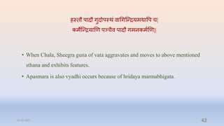 हस्तौ पािौ गुिोपस्र्ां वाचगन्न्ियमर्ावप ि|
कमेन्न्ियाणण पञ्िैव पािौ गमनकमषणण||
• When Chala, Sheegra guna of vata aggravates and moves to above mentioned
sthana and exhibits features.
• Apasmara is also vyadhi occurs because of hridaya marmabhigata.
31-03-2022 42
 
