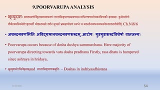 9.POORVARUPAANALYSIS
• भ्रंूव्युिासिः सििमक्ष्णोिैकृिमशब्दश्रिणं लालाप्तसङ्घाणरस्रिणमनन्नाप्तभलषणमरोिकाप्तिपाकौ हृदयरिेः कुक्षराटोपो
दौबाल्यमप्तस्र्भदोऽङ्गमदो मोिस्िमसो दशानं मूच्छाा भ्रमिाभीक्ष्णं स्िप्न ि मदनिानव्यधनव्यर्निपनपिनादीनीप्ति| Ch.Ni8/6
• अशब्दश्रवणममनत अववद्यमानशब्दश्रवणशब्दम्, आटोि गुडगुडाशब्दववशेषो वातजरय
• Poorvarupa occurs because of dosha dushya sammurchana. Here majority of
poorvarupa directing towards vata dosha pradhana Firstly, rasa dhatu is hampered
since ashraya in hridaya,
• भ्रूव्युदासोऽप्तक्षिैकृिम्and लालाप्तसङ्घाणकस्रुप्तिेः – Doshas in indriyaadhistana
31-03-2022 54
 