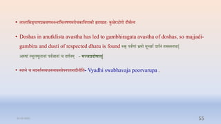 • लालाप्तसङ्घाणरस्रिणमनन्नाप्तभलषणमरोिकाप्तिपाकौ हृदयरिेः कुक्षराटोपो दौबाल्य
• Doshas in anutklista avastha has led to gambhiragata avastha of doshas, so majjadi-
gambira and dusti of respected dhatu is found रुक् पिाणां भ्रमो मूच्छाा दशानं िमसस्िर्ा|
अरुषां स्र्ूलमूलानां पिार्ानां ि दशानम् - मज्जरदोषा ्|
• स्िप्न ि मदनिानव्यधनव्यर्निपनपिनादीनीप्ति- Vyadhi swabhavaja poorvarupa .
31-03-2022 55
 
