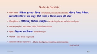 Sushruta Samhita
• प्तिप्तक्षपन् िस्िपादं - ववक्षक्षिन् इतस्तत क्षक्षिन्,- Involuntary movements of limbs, यन्द्स्मन् ववकारे ववक्षक्षिन्
हस्तिादममत्याददिेष्ट सन् आतुर क्षक्षतौ ितनत स ववकारोऽिस्मार इनत प्रोक्त
• प्तिप्तर्ह्मभ्रूप्तिालोिनेः - , ववन्द्जह्मभ्ू ववलोिन विभ्ूनेत्र ,- crooked eyebrows and abnormal gaze.
• दन्िान् खादन् िमन् फनं - bites teeth, emits froath from mouth
• प्तििृिाक्षेः- वववृताक्ष उच्छमलताक्ष - protruded eyes
• पिि् प्तक्षिौ - falls down on ground
• अल्पकालान्िरं िाप्तप पुनेः सञ्ज्ञां लभि सेः - After a short period regaining consciousness
Su.Utt 61/9
31-03-2022 63
 