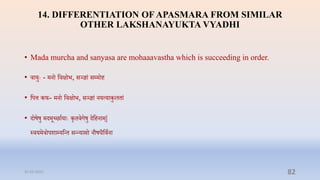 14. DIFFERENTIATION OF APASMARA FROM SIMILAR
OTHER LAKSHANAYUKTA VYADHI
• Mada murcha and sanyasa are mohaaavastha which is succeeding in order.
• िायुेः - मनो प्तिक्षोभ, सञ्ज्ञां सम्प्मोि
• प्तपत्त कफ- मनो प्तिक्षोभ, सञ्ज्ञां नयत्याकुलिां
• दोषषु मदमूच्छाायाेः कृििगषु दप्तिनाम्|
स्ियमिोपशाम्प्यप्तन्ि सन्न्यासो नौषधैप्तिाना
31-03-2022 82
 