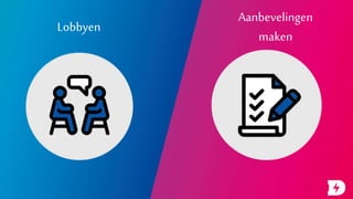 Lobbyen
Aanbevelingen
maken
 