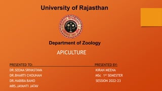 APICULTURE
PRESENTED TO: PRESENTED BY:
DR.SEEMA SRIVASTAVA KIRAN MEENA
DR.BHARTI CHOUHAN MSc 1st SEMESTER
DR.HABIBA BANO SESSION 2022-23
MRS.JAYANTI JATAV
University of Rajasthan
Department of Zoology
 