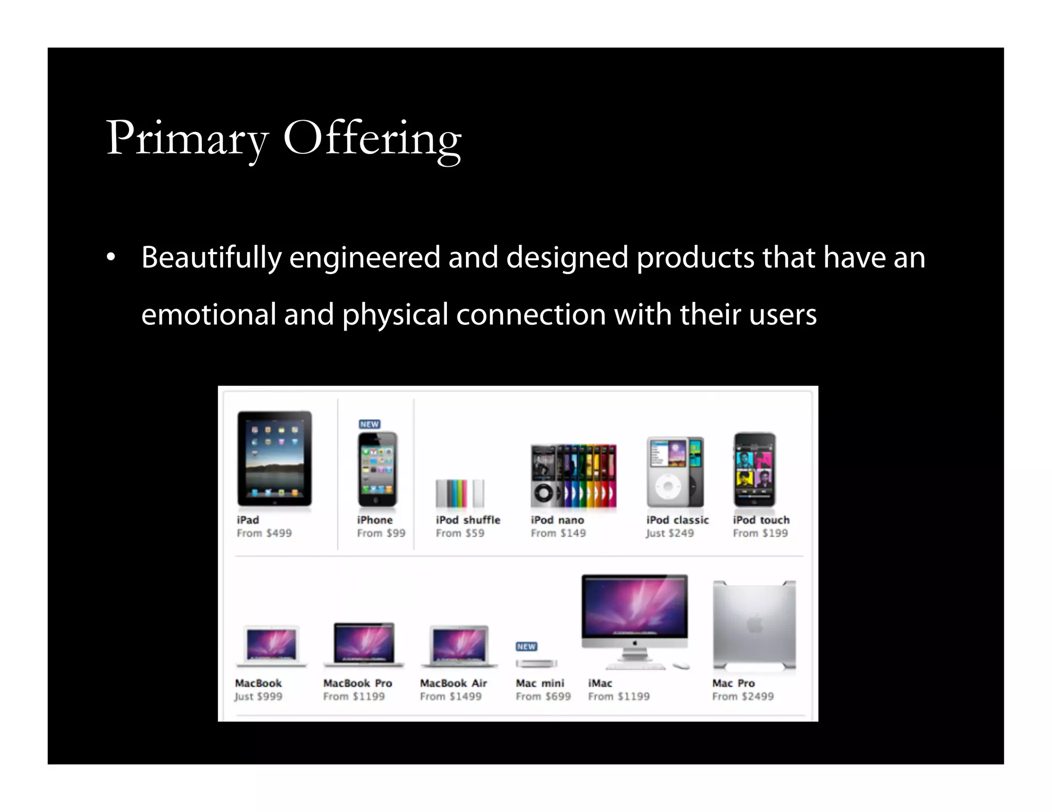 Primary Offering
•  Beautifully engineered and designed products that have an
emotional and physical connection with their users
 