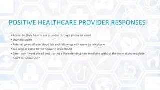 • Access to their healthcare provider through phone or email
• Use telehealth
• Referral to an off-site blood lab and foll...