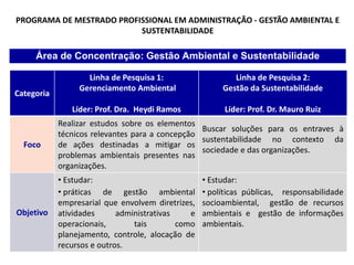 PROGRAMA DE MESTRADO PROFISSIONAL EM ADMINISTRAÇÃO - GESTÃO AMBIENTAL E 
SUSTENTABILIDADE 
Área de Concentração: Gestão Ambiental e Sustentabilidade 
Categoria 
Linha de Pesquisa 1: 
Gerenciamento Ambiental 
Líder: Prof. Dra. Heydi Ramos 
Linha de Pesquisa 2: 
Gestão da Sustentabilidade 
Líder: Prof. Dr. Mauro Ruiz 
Foco 
Realizar estudos sobre os elementos 
técnicos relevantes para a concepção 
de ações destinadas a mitigar os 
problemas ambientais presentes nas 
organizações. 
Buscar soluções para os entraves à 
sustentabilidade no contexto da 
sociedade e das organizações. 
Objetivo 
• Estudar: 
• práticas de gestão ambiental 
empresarial que envolvem diretrizes, 
atividades administrativas e 
operacionais, tais como 
planejamento, controle, alocação de 
recursos e outros. 
• Estudar: 
• políticas públicas, responsabilidade 
socioambiental, gestão de recursos 
ambientais e gestão de informações 
ambientais. 
 