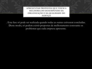 . Esta fase só pode ser realizada quando todas as outras estiverem concluídas.
Deste modo, só podem existir propostas de melhoramento consoante os
problemas que cada empresa apresente.
APRESENTAR PROPOSTAS QUE VISEM A
MELHORIA DO DESEMPENHO DA
ORGANIZAÇÃO E DA QUALIDADE DO
SERVIÇO
 