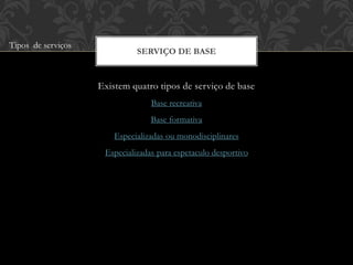 Existem quatro tipos de serviço de base
Base recreativa
Base formativa
Especializadas ou monodisciplinares
Especializadas para espetaculo desportivo
SERVIÇO DE BASE
Tipos de serviços
 