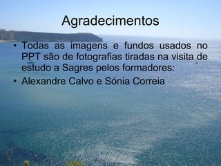 Agradecimentos Todas as imagens e fundos usados no PPT são de fotografias tiradas na visita de estudo a Sagres pelos formadores: Alexandre Calvo e Sónia Correia 