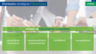 governança
corporativa
responsabilidade
socioambiental
compliance transparência
Indução de boas práticas corporativas
Orientações estratégicas // Governança
12
 