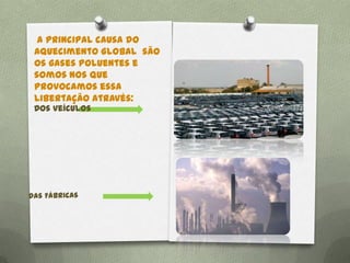 A principal causa do
Aquecimento Global são
os gases poluentes e
somos nos que
provocamos essa
libertação através:
Dos veículos
 