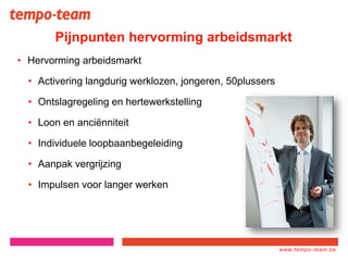 www.tempo-
team.xx
www.tempo-team.be
Pijnpunten hervorming arbeidsmarkt
• Hervorming arbeidsmarkt
• Activering langdurig werklozen, jongeren, 50plussers
• Ontslagregeling en hertewerkstelling
• Loon en anciënniteit
• Individuele loopbaanbegeleiding
• Aanpak vergrijzing
• Impulsen voor langer werken
 