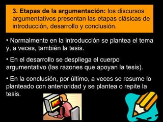 3. Etapas de la argumentación:  los discursos argumentativos presentan las etapas clásicas de introducción, desarrollo y conclusión.   Normalmente en la introducción se plantea el tema y, a veces, también la tesis.  En el desarrollo se despliega el cuerpo argumentativo (las razones que apoyan la tesis).  En la conclusión, por último, a veces se resume lo planteado con anterioridad y se plantea o repite la tesis.  
