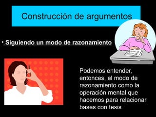 Construcción de argumentos Siguiendo un modo de razonamiento Podemos entender, entonces, el modo de razonamiento como la operación mental que hacemos para relacionar bases con tesis  