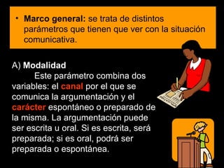 Marco general:  se trata de distintos parámetros que tienen que ver con la situación comunicativa. A)  Modalidad Este parámetro combina dos variables: el  canal  por el que se comunica la argumentación y el  carácter  espontáneo o preparado de la misma. La argumentación puede ser escrita u oral. Si es escrita, será preparada; si es oral, podrá ser preparada o espontánea.  