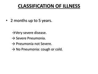 CLASSIFICATION OF ILLNESS
• 2 months up to 5 years.
→Very severe disease.
→ Severe Pneumonia.
→ Pneumonia not Severe.
→ No Pneumonia: cough or cold.
 