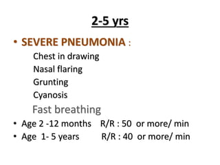 2-5 yrs
• SEVERE PNEUMONIA :
Chest in drawing
Nasal flaring
Grunting
Cyanosis
Fast breathing
• Age 2 -12 months R/R : 50 or more/ min
• Age 1- 5 years R/R : 40 or more/ min
 