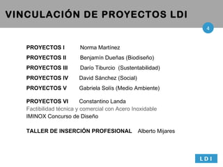 VINCULACIÓN DE PROYECTOS LDI PROYECTOS I  Norma Martínez  PROYECTOS II  Benjamín Dueñas (Biodiseño) PROYECTOS III  Dar ío Tiburcio  (Sustentabilidad)  PROYECTOS IV  David Sánchez (Social) PROYECTOS V  Gabriela Solís (Medio Ambiente) PROYECTOS VI   Constantino Landa  Factibilidad técnica y comercial con Acero Inoxidable   IMINOX Concurso de Diseño TALLER DE INSERCI ÓN PROFESIONAL Alberto Mijares LDI 4 
