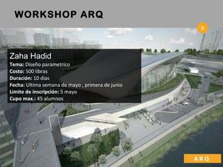 Zaha Hadid Tema:  Diseño parametríco  Costo:  500 libras Duración:  10 días Fecha:  Ultima semana de mayo , primera de junio Límite de inscripción:  5 mayo Cupo max.:  45 alumnos   WORKSHOP  ARQ 9 ARQ 