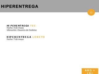 HIPERENTREGA  TEC Fecha: 4 de mayo Ubicación: Claustro de Cedetec HIPERENTREGA  LORETO Fecha: 7 de mayo HIPERENTREGA 3 ARQ + LDI 12 