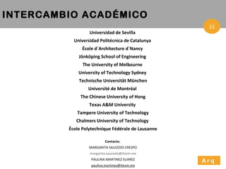 Universidad de Sevilla  Universidad Politécnica de Catalunya  École d´Architecture d´Nancy  Jönköping School of Engineering  The University of Melbourne  University of Technology Sydney  Technische Universität München Université de Montréal  The Chinese University of Hong Texas A&M University  Tampere University of Technology Chalmers University of Technology  École Polytechnique Fédérale de Lausanne  Contacto:  MARGARITA SAUCEDO CRESPO [email_address] x PAULINA MARTINEZ SUAREZ [email_address] INTERCAMBIO ACADÉMICO Arq 15 