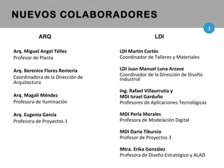 Arq. Miguel Angel Téllez  Profesor de Planta  Arq. Berenice Flores Rentería  Coordinadora de la Dirección de Arquitectura Arq. Magali Méndez   Profesora de Iluminación Arq. Eugenia Garc ía   Profesora de Proyectos 1 4 NUEVOS COLABORADORES 3 LDI Mart ín Cortés  Coordinador de Talleres y Materiales  LDI Juan Manuel Luna Arzave Coordinador de la Dirección de Diseño Industrial Ing. Rafael Villaurrutia y MDI Israel Garduño Profesores de Aplicaciones Tecnológicas MDI Perla Morales Profesora de Modelación Digital MDI Darío Tiburcio Profesor de Proyectos 3 Mtra. Erika González Profesora de Diseño Estratégico y ALAD ARQ LDI 