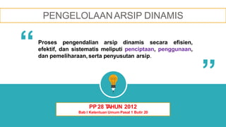 PENGELOLAANARSIP DINAMIS
Proses pengendalian arsip dinamis secara efisien,
efektif, dan sistematis meliputi penciptaan, penggunaan,
dan pemeliharaan, serta penyusutan arsip.
“
PP 28 T
AHUN 2012
Bab I Ketentuan Umum Pasal 1 Butir 20
 