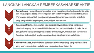 LANGKAH-LANGKAH PEMBERKASANARSIPAKTIF
1
• Pemeriksaan, memastikanbahwa setiap arsip yang akan diberkaskan autentik, utuh
dan lengkap pada setiap proses kegiatan dan sudah diregistrasi dan didistribusikan.
(Pernyataan selesai/file), memisahkan dengan lampiran yang memiliki jenis fisik
arsip yang berbeda seperti peta, buku, bagan, dan lain lain
2
• Penentuan Indeks, menentukan kata tangkap (keyword) dari arsip yang akan
diberkaskan yang dapat mewakili isi informasi dari berkas/isi berkas. Indeks dapat
berupanama orang, lembaga/organisasi, tempat/wilayah, masalah dan kurun waktu .
Penulisan indeks diikuti setelah penulisan kode klasifikasi arsip pada folder
3 • Penentuan kode, memberi kode berdasarkan klasifikasi arsip yang mewakili arsip
yang akan menunjukkan pada tempat yang paling tepat dalam file
 