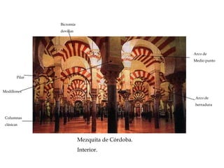 Mezquita de Córdoba.
Interior.
Columnas
clásicas
Pilar
Modillones
Arco de
herradura
Arco de
Medio punto
Bicromía
dovelas
 