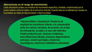 Alteraciones en el rango de movimiento.
Cada articulación posee una amplitud de movimiento específica y limitada, condicionada por la
propia relación entre los tejidos de la estructura articular. Cuando esta se ve alterada por causas no
traumáticas se habla de Hipomovilidad o Hipermovilidad:
•Hipomovilidad o hipolaxitud: Presencia de
amplitud de movimiento inferior a la comprendida
entre los valores normales, de acuerdo con el tipo
de articulación, la edad y el sexo del individuo.
Puede producirse por: lesiones vertebrales,
inmovilizaciones (férula), procesos degenerativos
(artrosis), cicatriz quirúrgica, trastornos
neurológicos, trastornos metabólicos (obesidad).
 