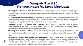 Dampak Positif
Penggunaan Ai Bagi Manusia
Peningkatan Efisiensi dan Produktivitas: AI memungkinkan otomatisasi tugas-tugas
repetitif, membebaskan waktu manusia untuk fokus pada pekerjaan yang lebih kompleks
dan kreatif.
1.
Analisis Data yang Lebih Baik: Kemampuan AI dalam mengumpulkan, menyimpan, dan
menganalisis data secara cepat dan efisien membantu manusia dalam mengambil
keputusan yang lebih baik berdasarkan informasi yang tersedia.
2.
Pengembangan Teknologi dan Inovasi: AI menjadi pendorong utama dalam
pengembangan teknologi baru, membuka peluang baru dalam berbagai sektor seperti
transportasi, manufaktur, dan layanan konsumen.
3.
Peningkatan Kualitas Hidup: Asisten virtual dan perangkat pintar yang dikendalikan oleh
AI meningkatkan efisiensi energi, kenyamanan, dan kemudahan dalam kehidupan sehari-
hari.
4.
Kemajuan dalam Pendidikan dan Penelitian: Dalam pendidikan, AI menyediakan
pengalaman belajar yang disesuaikan dengan kebutuhan siswa. Di bidang penelitian, AI
membantu dalam analisis data kompleks dan pemodelan matematika, memungkinkan
penemuan baru dalam berbagai bidang ilmu pengetahuan.
5.
 