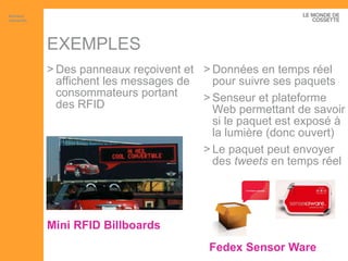 EXEMPLES Mini RFID  Billboards Des panneaux reçoivent et affichent les messages de consommateurs portant des RFID Fedex Sensor Ware Données en temps réel pour suivre ses paquets Senseur et plateforme Web permettant de savoir si le paquet est exposé à la lumière (donc ouvert) Le paquet peut envoyer des  tweets  en temps réel Artisans interactifs 