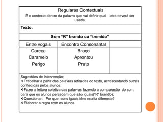 Entre vogais
Careca
Caramelo
Perigo
Encontro Consonantal
Braço
Aprontou
Prato
Sugestões de Intervenção:
Trabalhar a partir das palavras retiradas do texto, acrescentando outras
conhecidas pelos alunos;
Fazer a leitura coletiva das palavras fazendo a comparação do som,
para que os alunos percebam que são iguais(“R” brando);
Questionar: Por que sons iguais têm escrita diferente?
Elaborar a regra com os alunos.
Regulares Contextuais
É o contexto dentro da palavra que vai definir qual letra deverá ser
usada.
Texto:
Som “R” brando ou “tremido”
 