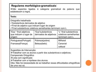 “Esa “ final adjetivos
que indicam o lugar de
origem
“Eza”substantivos
derivados de adjetivos
“L” final substantivos
coletivos semelhantes
terminam com L
Portuguesa(Portugal)
Francesa(França)
Pobreza(pobre)
Beleza(belo)
Milharal
Canavial
cafezal
Sugestões de Intervenção:
Trabalhar com os alunos a partir dos substantivos e adjetivos;
Campeonato Ortográfico
Lista com significado
Trabalhar com a hipótese dos alunos.
Obs: Não há necessidade de se trabalhar essas dificuldades ortográficas
de uma vez só.
Regulares morfológico-gramaticais:
São aspectos ligados à categoria gramatical da palavra que
estabelecem a regra.
Texto:
Ortografia trabalhada:
Substantivos derivados de adjetivo
Final de adjetivo que indicam lugar de origem
Final substantivos coletivos semelhantes terminam com L
 