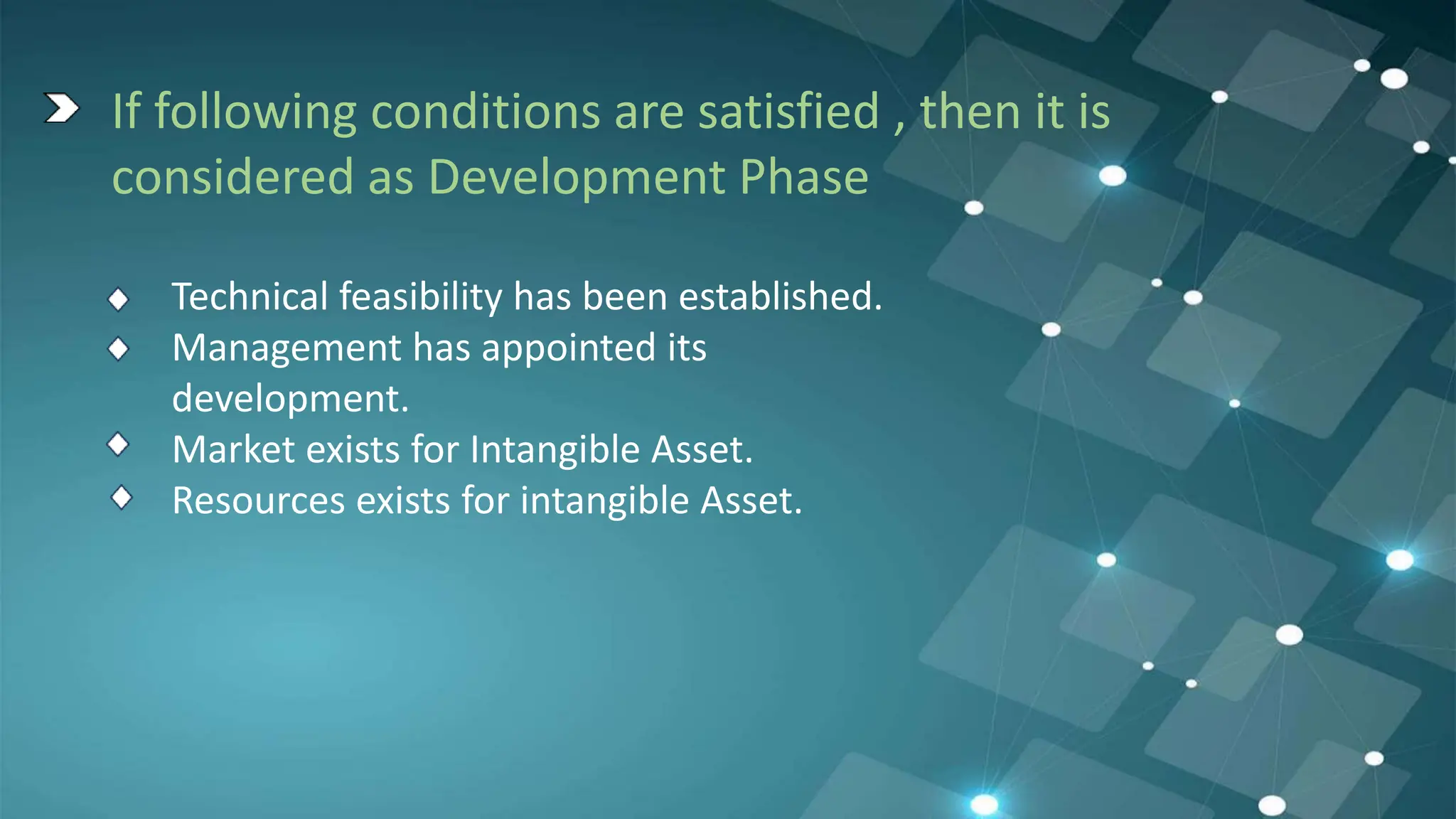 If following conditions are satisfied , then it is
considered as Development Phase
Technical feasibility has been established.
Management has appointed its
development.
Market exists for Intangible Asset.
Resources exists for intangible Asset.
 