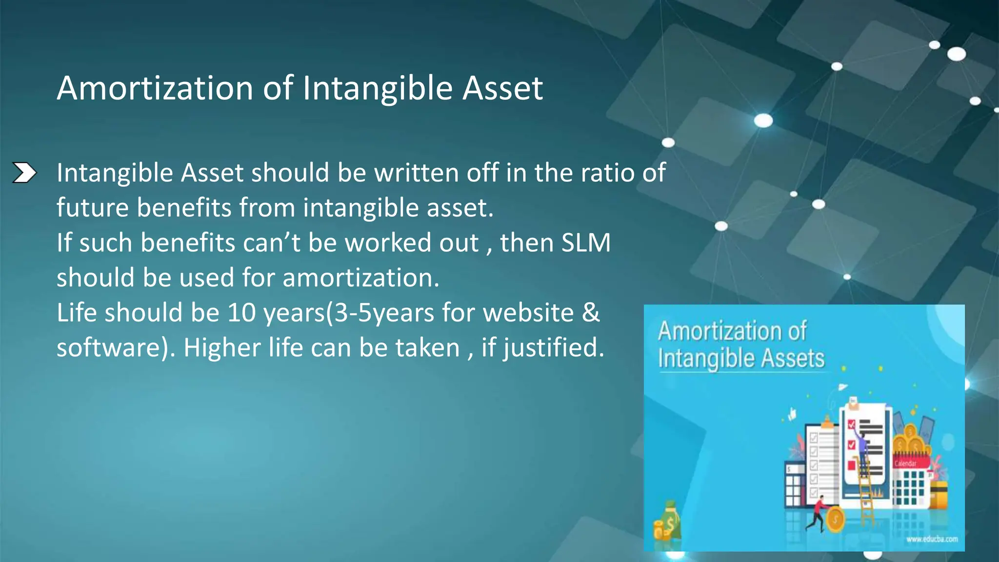 Amortization of Intangible Asset
Intangible Asset should be written off in the ratio of
future benefits from intangible asset.
If such benefits can’t be worked out , then SLM
should be used for amortization.
Life should be 10 years(3-5years for website &
software). Higher life can be taken , if justified.
 