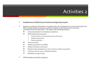 Activities 2


Establishment of ASEAN Tourism Professional Registration System



Based on result/recommendation of scoping study, the development of a web-based system for
ATP including setting-up necessary system to support its operations and its one-year
maintenance will be undertaken. This stage cover following activities:



Content development and database compilation;
ATPRS (Website) development:


Purchase domain and web hosting services (two years)



Website programming
Website population












Technical review;
Website presentation to ATPMC;
Website finalisation and launch;
Website further development or fine-tuning ( 3 months trial period);
Training to Ad-Hoc Team or ASEAN Secretariat;
Maintenance Stage (1 year).

ATPRS Guideline would be produced

 