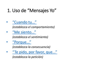 1. Uso de “Mensajes Yo”
• “Cuando tu...”
(establezca el comportamiento)
• “Me siento...”
(establezca el sentimiento)
• “Porque...”
(establezca la consecuencia)
• “Te pido, por favor, que...”
(establezca la petición)
 