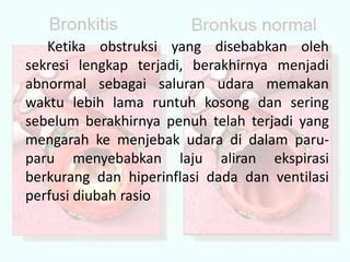 Ketika obstruksi yang disebabkan oleh sekresi lengkap terjadi, berakhirnya menjadi abnormal sebagai saluran udara memakan waktu lebih lama runtuh kosong dan sering sebelum berakhirnya penuh telah terjadi yang mengarah ke menjebak udara di dalam paru-paru menyebabkan laju aliran ekspirasi berkurang dan hiperinflasi dada dan ventilasi perfusi diubah rasio