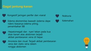 Gagal jantung kanan
Kongestif jaringan perifer dan viseral
Edema ekstremitas baawah (edema depe
nden) biasanya edema piting,
penambahan BB
Hepatomegali dan nyeri tekan pada kua
dran kanan atas abdomen terjadi
akibat pembesaran vena di hepar.
Anorexia dan mual. Terjadi akibat pembesaran
vena dan statis vena dalam
rongga abdomen
Nokturia
Kelemahan
 