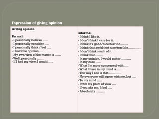 Expression of giving opinion
Giving opinion
Formal :
- I personally believe …..
- I personally consider ….
- I personally think /feel ….
- I hold the opinion ….
- My own view of the matter is ……
- Well, personally …….
- If I had my view, I would …..
Informal
- I think I like it.
- I don’t think I care for it.
- I think it’s good/nice/terrific……..
- I think that awful/not nice/terrible…………
- I don’t think much of it.
- I think that……..
- In my opinion, I would rather……….
- In my case …..
- What I’m more concerned with ….
- What I have in my mind is………
- The way I see is that…………
- No everyone will agree with me, but ….
- To my mind …..
- From my point of view ….
- If you aks me, I feel ….
- Absolutely ………
 