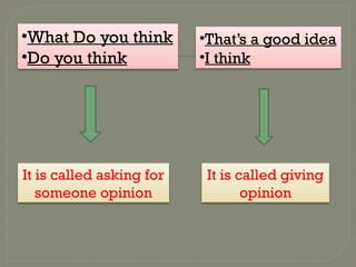 It is called asking for
someone opinion
It is called giving
opinion
•That’s a good idea
•I think
•What Do you think
•Do you think
 