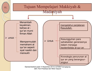 11. Tujuan Mempelajari Makkiyah & 
Madaniyah 
 untuk 
Menambah 
keyakinan, 
bahwa al - 
qur’an murni 
firman Allah 
Mempermudah 
memahami al 
qur’an seperti 
ayat nasikh dan 
mansukh 
 Untuk 
mengetahui perjalanan 
Rasulullah. 
Kesungguhan para 
sahabatdan generasinya 
dalam menjaga 
keotentisitas al qur an 
Kronologis penurunan al 
qur an yang berangsur-angsur 
Dipresentasikan pada 11 Nopember 2014 di STAIM Tulungagung 
oleh: Feni Prasetiya dan Niken Saputri 
 