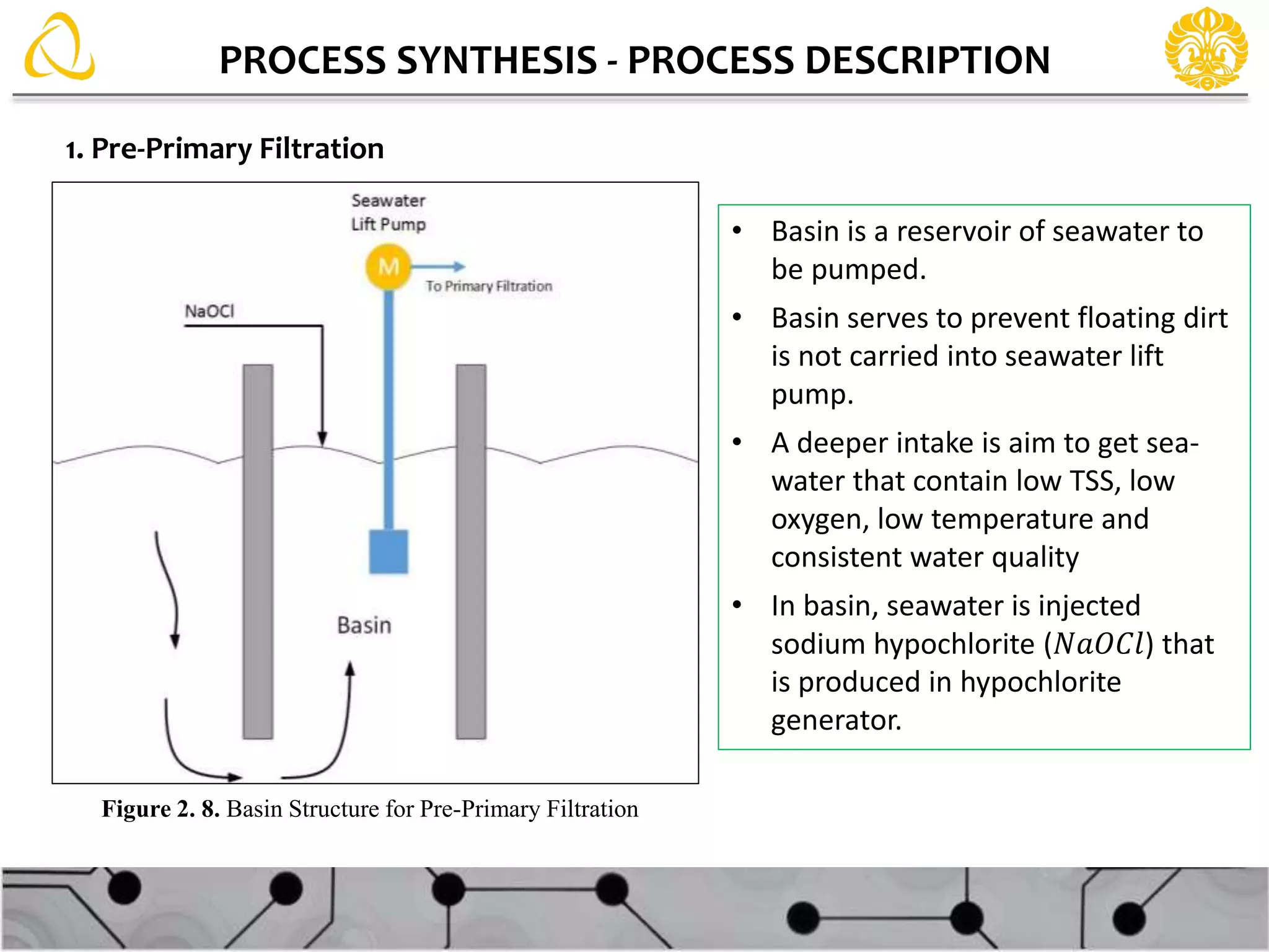 PROCESS SYNTHESIS - PROCESS DESCRIPTION
1. Pre-Primary Filtration
• Basin is a reservoir of seawater to
be pumped.
• Basin serves to prevent floating dirt
is not carried into seawater lift
pump.
• A deeper intake is aim to get sea-
water that contain low TSS, low
oxygen, low temperature and
consistent water quality
• In basin, seawater is injected
sodium hypochlorite (𝑁𝑎𝑂𝐶𝑙) that
is produced in hypochlorite
generator.
Figure 2. 8. Basin Structure for Pre-Primary Filtration
 