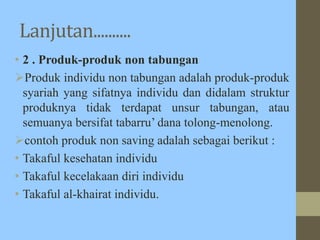 Lanjutan..........
• 2 . Produk-produk non tabungan
Produk individu non tabungan adalah produk-produk
syariah yang sifatnya individu dan didalam struktur
produknya tidak terdapat unsur tabungan, atau
semuanya bersifat tabarru’ dana tolong-menolong.
contoh produk non saving adalah sebagai berikut :
• Takaful kesehatan individu
• Takaful kecelakaan diri individu
• Takaful al-khairat individu.
 