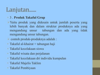 Lanjutan......
• 3 . Produk Takaful Grup
Yaitu produk yang didesain untuk jumlah peserta yang
lebih banyak dan dalam struktur produknya ada yang
mengandung unsur tabungan dan ada yang tidak
mengandung unsur tabungan.
 contoh produk-produknya adalah :
• Takaful al-khairat + tabungan haji
• Takaful kecelakaan siswa
• Takaful wisata dan perjalanan
• Takaful kecelakaan dri individu kumpulan
• Takaful Majelis Taklim
• Takaful Pembiyaan
 