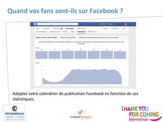 Quand vos fans sont-ils sur Facebook ?
Adaptez votre calendrier de publication Facebook en fonction de ces
statistiques.
 