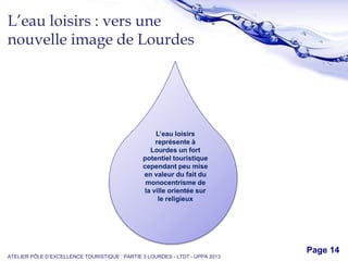 Free Powerpoint Templates
Page 14
L’eau loisirs : vers une
nouvelle image de Lourdes
ATELIER PÔLE D’EXCELLENCE TOURISTIQUE : PARTIE 3 LOURDES - LTDT - UPPA 2013
L’eau loisirs
représente à
Lourdes un fort
potentiel touristique
cependant peu mise
en valeur du fait du
monocentrisme de
la ville orientée sur
le religieux
 