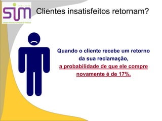 Clientes insatisfeitos retornam?
Quando o cliente recebe um retorno
da sua reclamação,
a probabilidade de que ele compre
novamente é de 17%.
 
